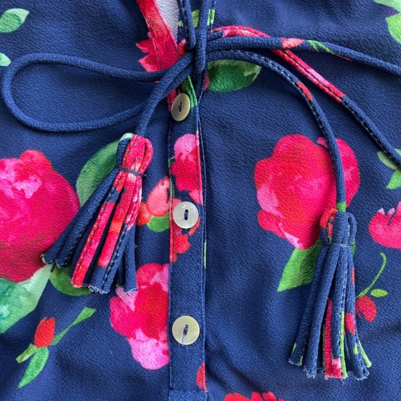 Mud Pie Rose Flower High-Neck Sleeveless Top Size Small, Navy Blue Tassels - Picture 6 of 9